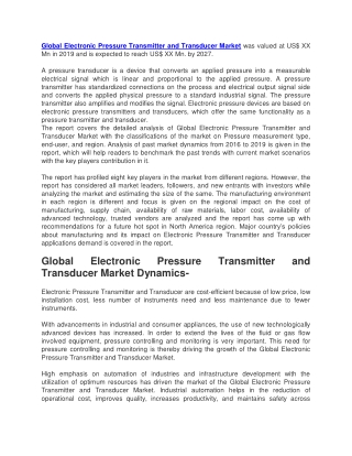 Global Electronic Pressure Transmitter and Transducer Market was valued at US