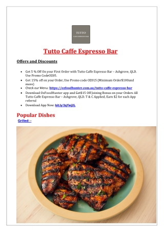 5% Off - Tutto Caffe Espresso Bar - Ashgrove, QLD