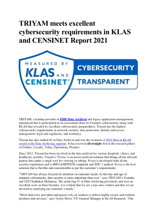 TRIYAM meets excellent cybersecurity requirements in KLAS and CENSINET Report 2021