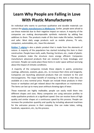 Learn Why People are Falling in Love With Plastic Manufacturers