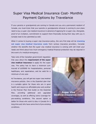 Super Visa Medical Insurance Cost for Monthly Payment