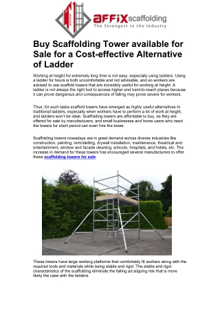 Buy Scaffolding Tower available for Sale for a Cost-effective Alternative