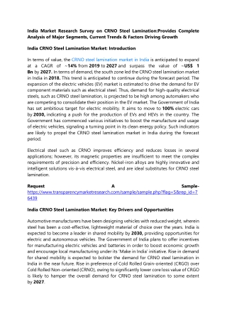 India Market Research Survey on CRNO Steel Lamination:Provides Complete Analysis