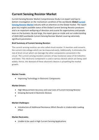 Current sensing resistor market Industry: Time to Invest in emerging Markets