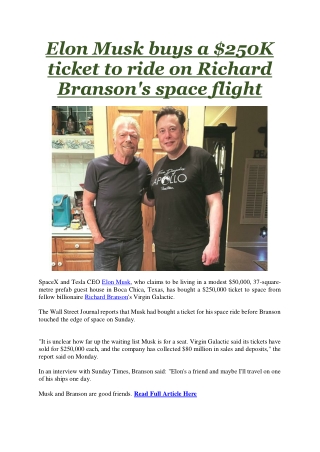 Elon Musk buys a 250K ticket to ride on Richard Branson's space flight