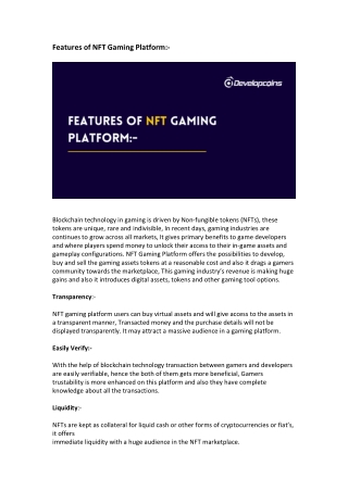 Features of NFT Gaming Platform