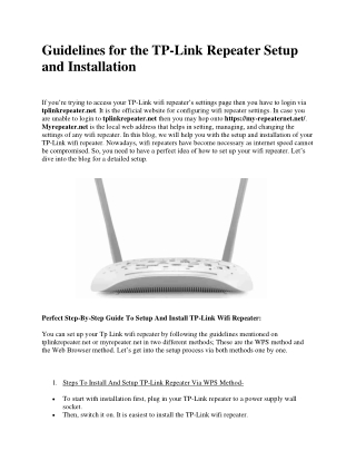 Guidelines for the TP-Link Repeater Setup and Installation