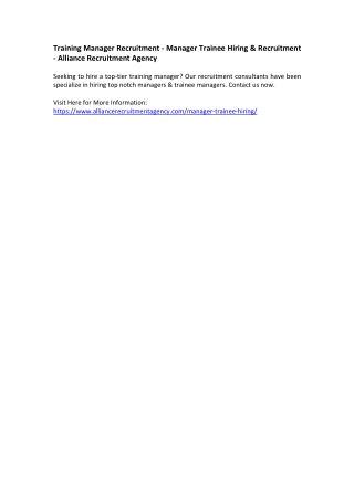 Training Manager Recruitment - Manager Trainee Hiring & Recruitment - Alliance Recruitment Agency