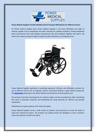 Power Medical Supplies Provides Multifunctional Transport Wheelchairs for Different Sectors