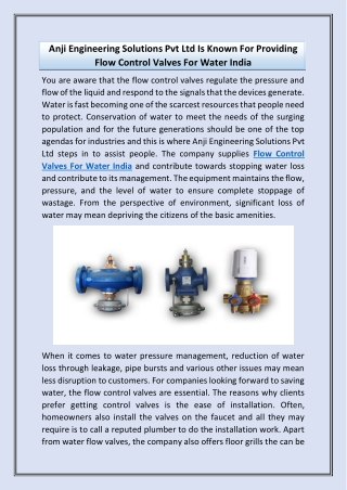 Anji Engineering Solutions Pvt Ltd Is Known For Providing Flow Control Valves Fo