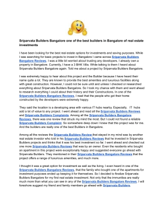 Sriparvata Builders Bangalore one of the best builders in Bangalore of real estate investments
