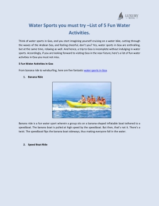 Water Sports you must try –List of 5 Fun Water Activities