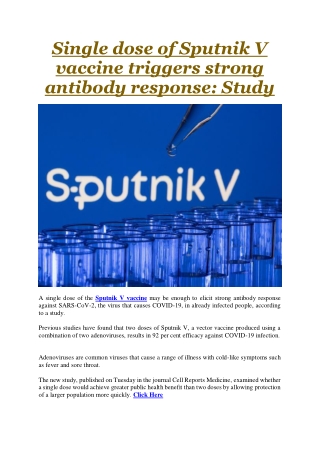 Single dose of Sputnik V vaccine triggers strong antibody response Study