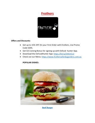 15% Off - Frothers Cafe Restaurant Allenby Gardens takeaway, SA