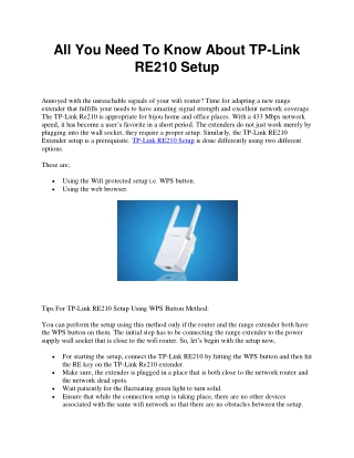 All You Need To Know About TP-Link RE210 Setup