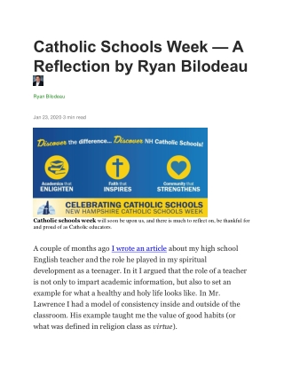 Catholic Schools Week - A Reflection by Ryan Bilodeau
