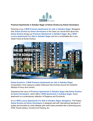 Premium Apartments in Sahakar Nagar at Sohan Exotica by Sohan Developers