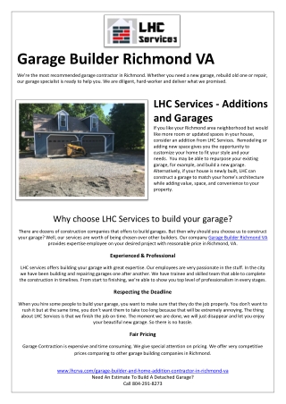 Garage Builder and Home Addition Contractor Richmond VA - LHC Services