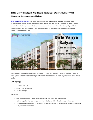 Birla Vanya Kalyan Mumbai - Spacious Apartments With Modern Features Available