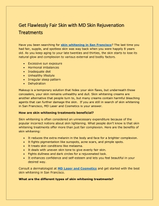 Get Flawlessly Fair Skin with MD Skin Rejuvenation Treatments