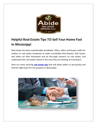 Helpful Real Estate Tips TO Sell Your Home Fast In Mississippi