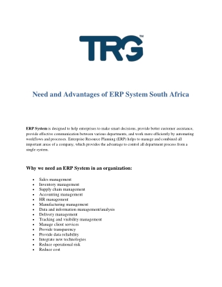 Need and Advantages of ERP System South Africa