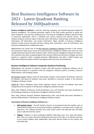 Best Business Intelligence Software In 2021 Latest Quadrant Ranking Released by