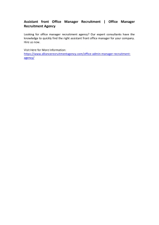 Assistant front Office Manager Recruitment - Office Manager Recruitment Agency