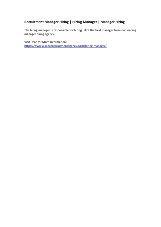 Recruitment Manager Hiring - Hiring Manager -Manager Hiring