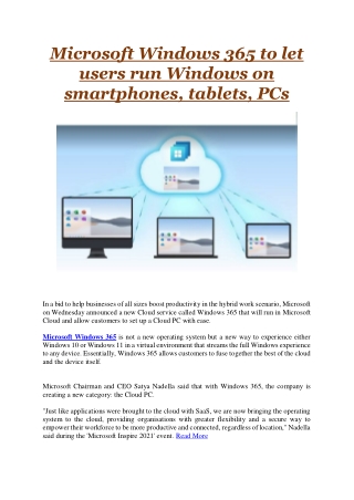 Microsoft Windows 365 to let users run Windows on smartphones, tablets, PCs