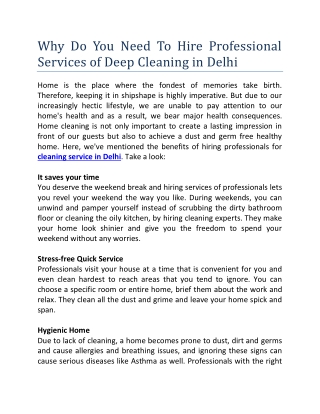 Why Do You Need To Hire Professional Services of Deep Cleaning in Delhi