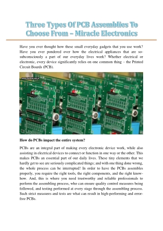 Three Types Of PCB Assemblies To Choose From – Miracle Electronics