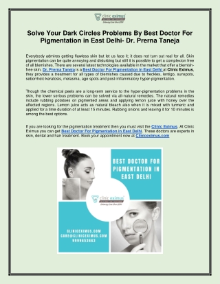 Solve Your Dark Circles Problems By Best Doctor For Pigmentation in East Delhi- Dr. Prerna Taneja