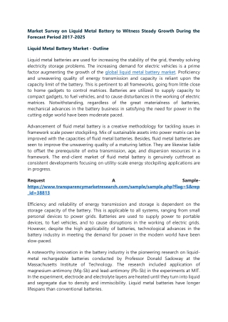 Market Survey on Liquid Metal Battery to Witness Steady Growth During the Foreca