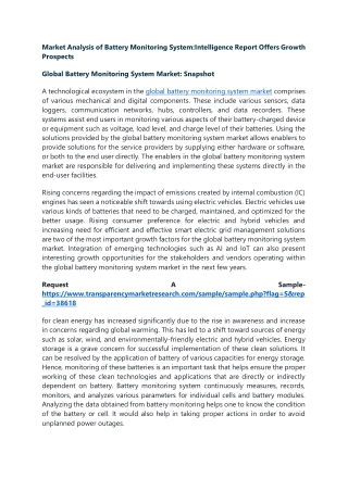 Market Analysis of Battery Monitoring System:Intelligence Report Offers Growth P