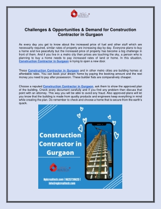 Challenges & Opportunities & Demand for Construction Contractor in Gurgaon