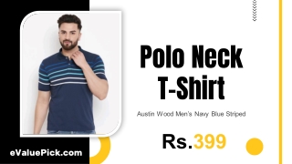 Men’s Navy Blue Striped Polo Neck T-shirt @ 399 - eValuePick