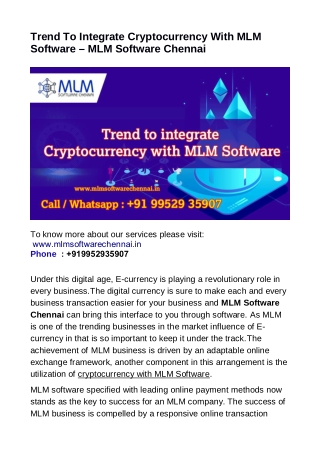 Trend To Integrate Cryptocurrency With MLM Software - MLM Software Chennai