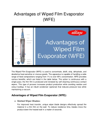 Advantages of Wiped Film Evaporator (WFE)
