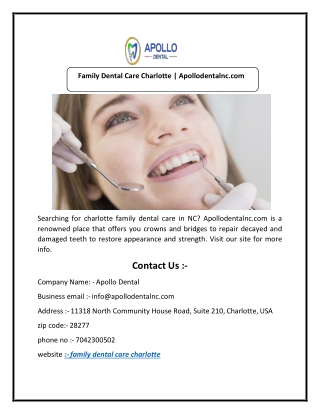 Family Dental Care Charlotte | Apollodentalnc.com