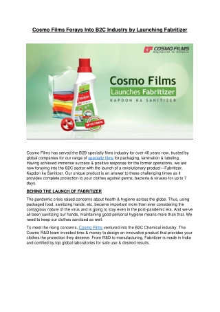 Cosmo Films Forays Into B2C Industry by Launching Fabritizer