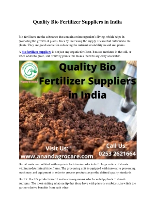Quality Bio Fertilizer Suppliers in India