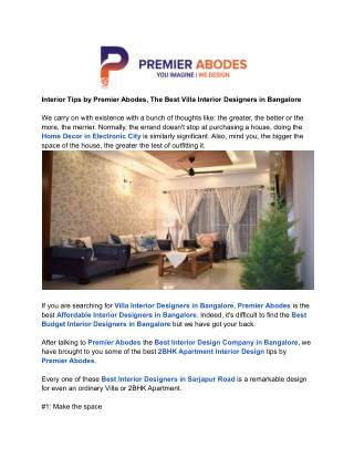 Interior Tips by Premier Abodes, The Best Villa Interior Designers in Bangalore