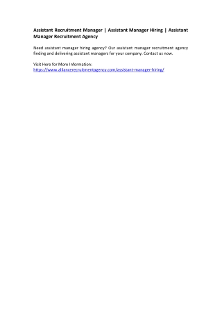 Assistant Recruitment Manager - Assistant Manager Hiring - Assistant Manager Recruitment Agency