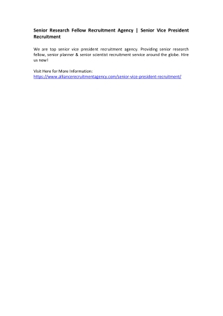 Senior Research Fellow Recruitment Agency - Senior Vice President Recruitment