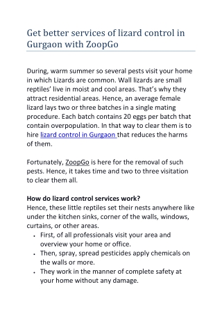 Get better services of lizard control in Gurgaon with ZoopGo