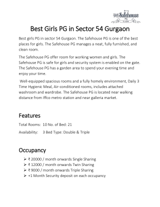 Best Girls PG in Sector 54 Gurgaon - The Safehouse PG