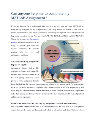 Can anyone help me to complete my MATLAB Assignment?