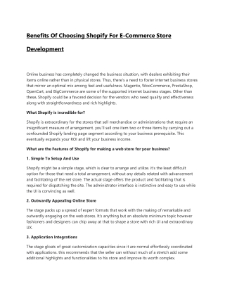 Benefits Of Choosing Shopify For E-Commerce Store Development