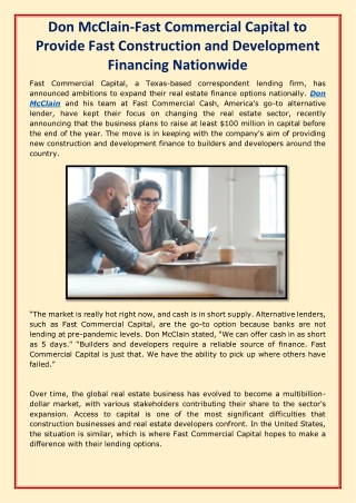 Don McClain-Fast Commercial Capital to Provide Fast Construction and Development Financing Nationwide